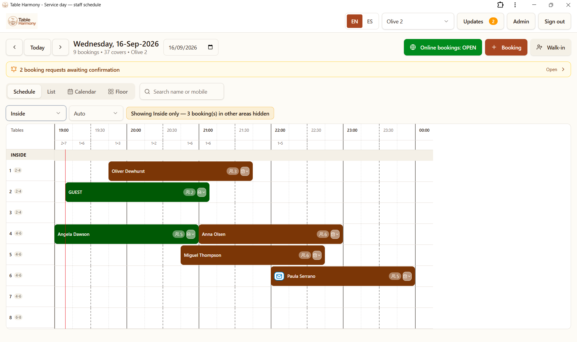 The table schedule showing bookings on inside tables through the evening